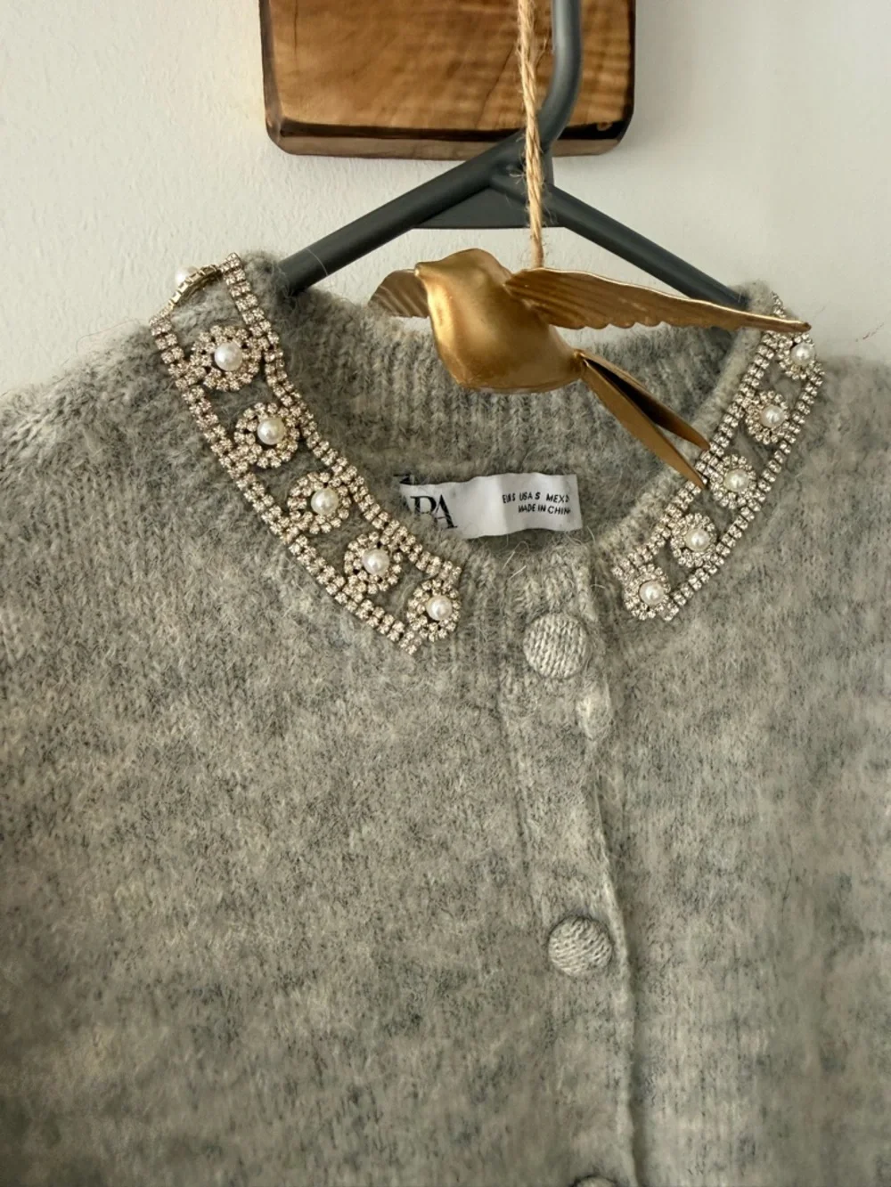 Zara Embellished Collar Short-Sleeve Mohair Blend Cardigan - Gray - Picture 4 of 6